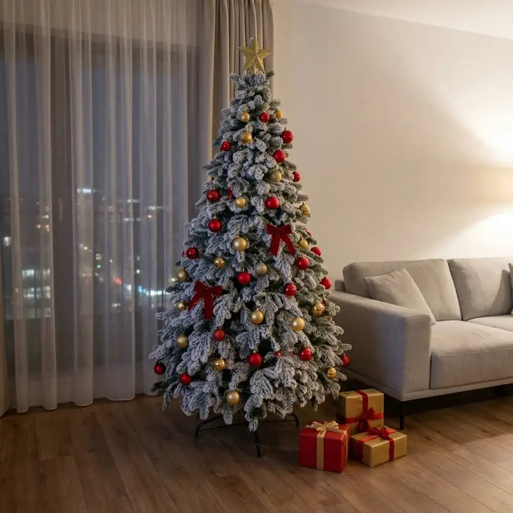 Brad Artificial Atlas Snow cu ace mixte 2D și 3D, împodobit, într-un living de apartament