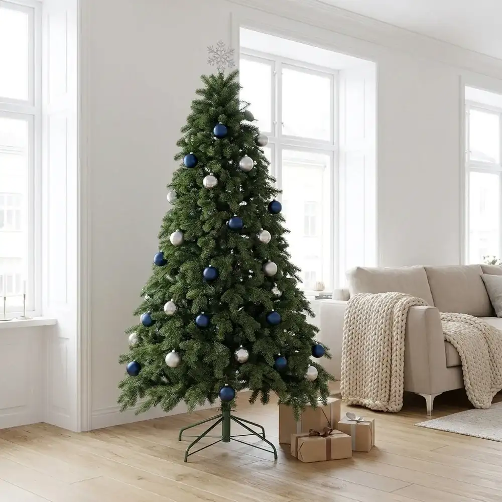 Brad Artificial Atlas cu ace mixte 2D și 3D, împodobit, într-un living luminos, în stil scandinav