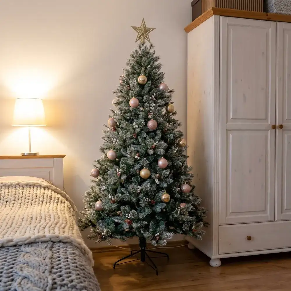 Brad artificial Christmas Dream cu ace 2D, împodobit, într-un dormitor mic de apartament