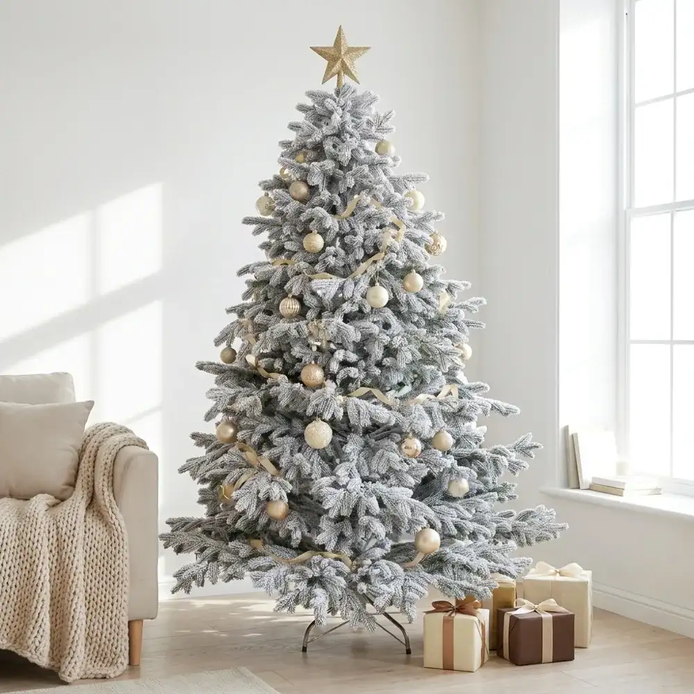 Brad artificial De Lux cu ace full 3D - Happy Forest Snow, împodobit, într-un living luminos, în stil scandinav