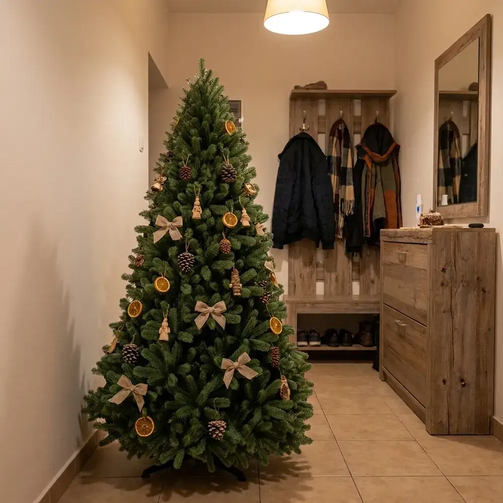 Brad Artificial Everest cu ace mixte 2D și 3D, împodobit, pe holul unui apartament