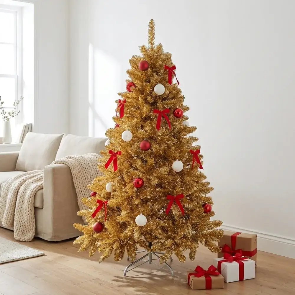 Brad Artificial Golden Royal cu ace 2D, împodobit, într-un living luminos, în stil scandinav