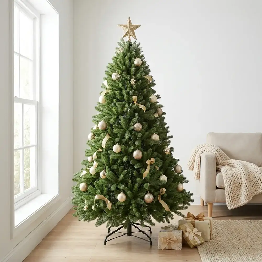 Brad artificial Green Forest cu ace mixte 2D și 3D, împodobit, într-un living luminos, în stil scandinav