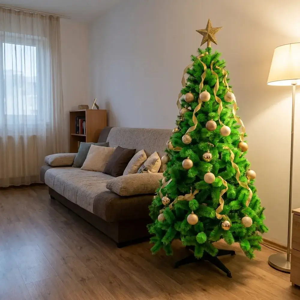 Brad artificial Green Spirit, împodobit, în colțul unei garsoniere