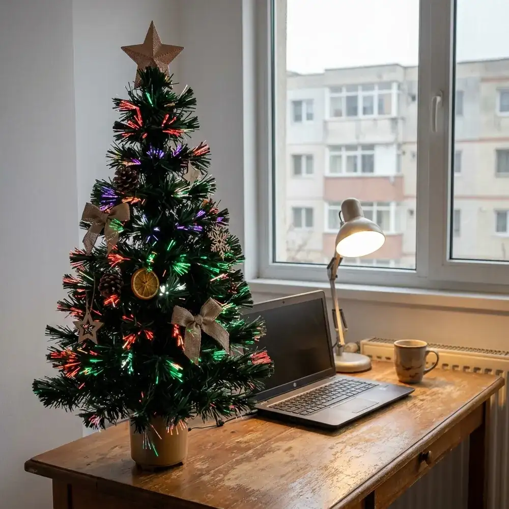 Brad Artificial Mini Fiberglass 80 cm cu ace 2D, împodobit, pe un birou, într-un colț de lucru de apartament