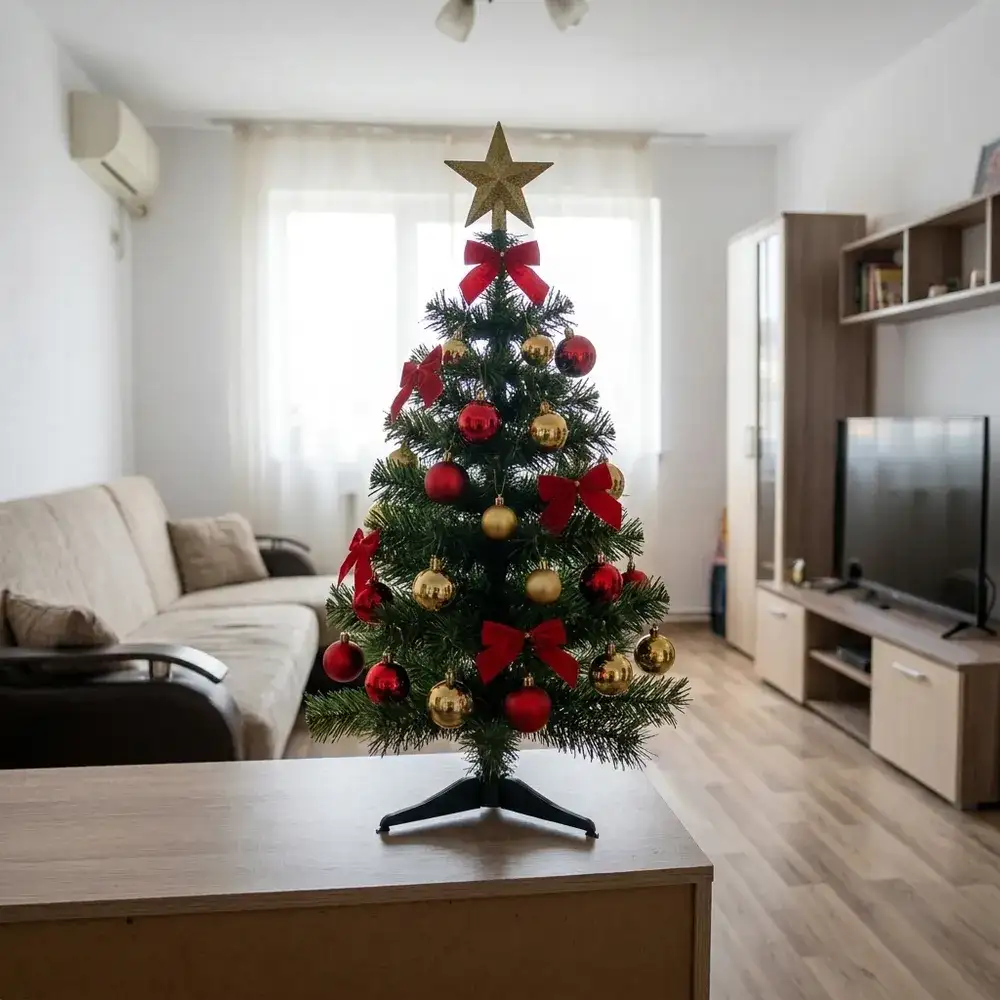Brad Artificial Mini Pine II cu ace 2D, împodobit, pe o comodă, într-un living mic de apartament