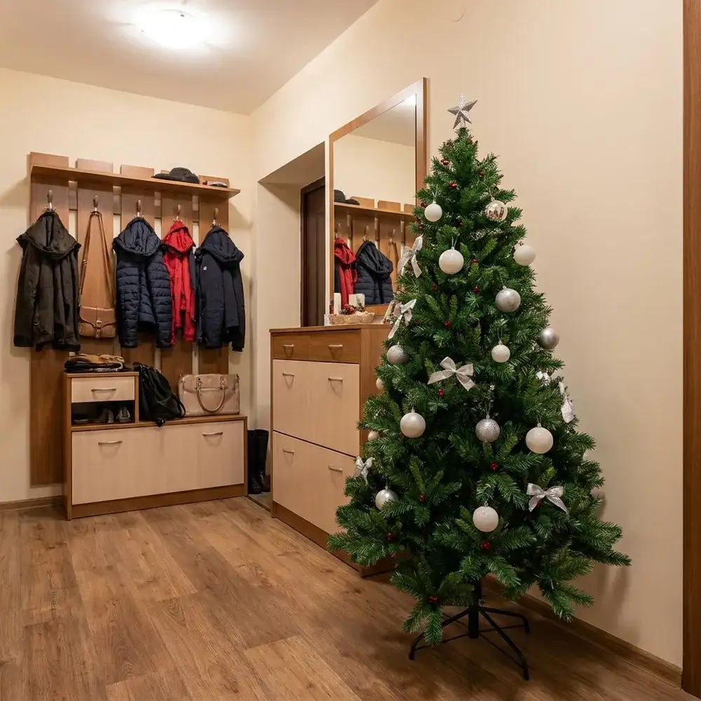 Brad artificial Sierra cu ace 2D, împodobit, pe holul unui apartament