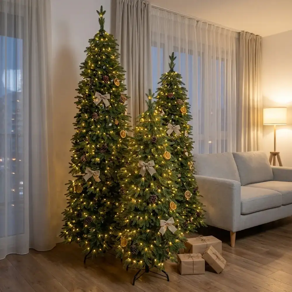 Brad Artificial Slim Alina cu Leduri Integrate, Verde, Ace Full 3D, împodobit, într-un living de apartament