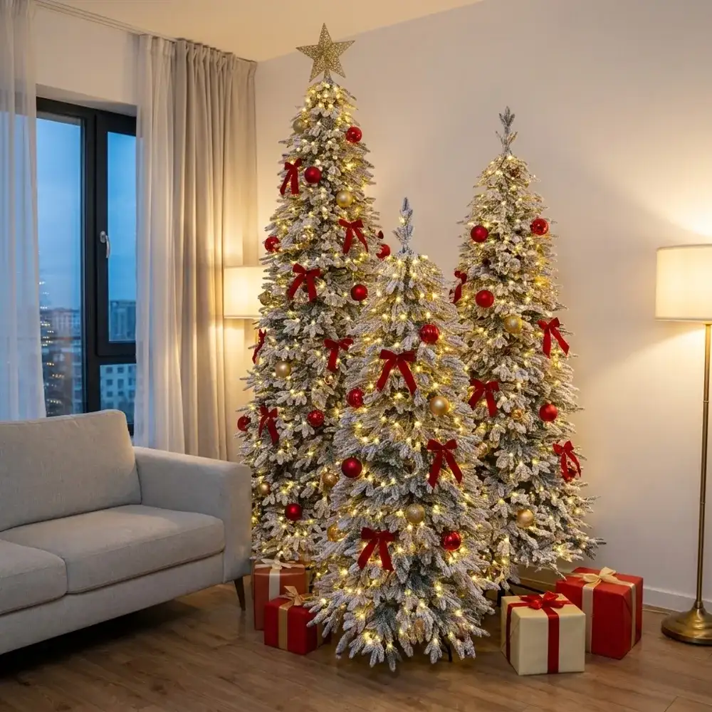 Brad Artificial Slim Pre-Lit Alina Snow, cu LED-uri integrate cu ace Full 3D, împodobit, într-un living de apartament