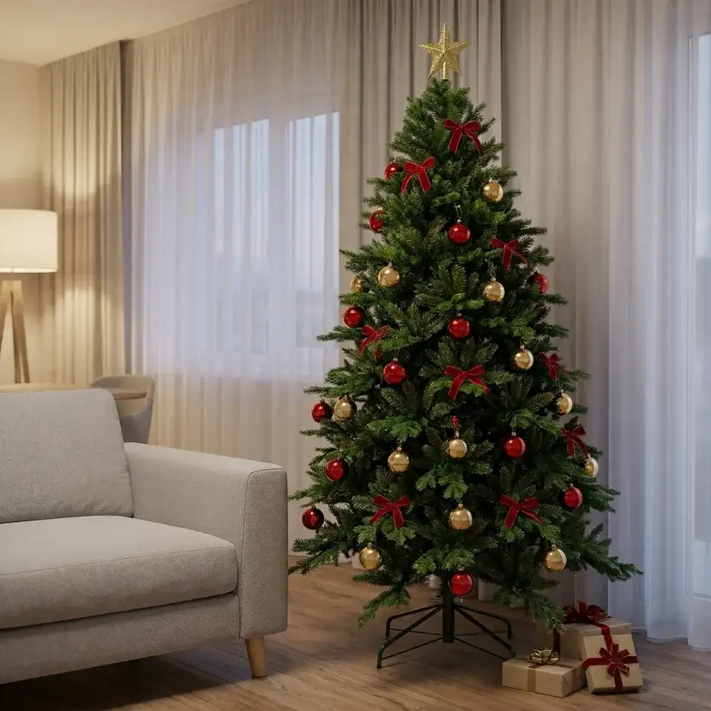 Brad artificial Snow Angel cu ace mixte 2D și 3D, împodobit, într-un living de apartament