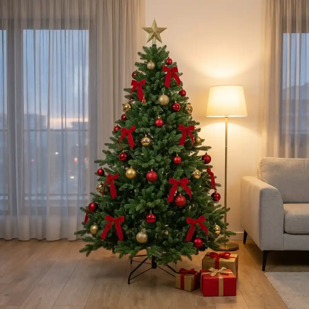 Brad artificial Canadian Premium, împodobit, într-un living de apartament