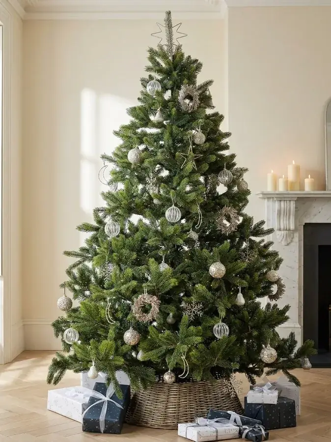 Brad artificial verde, bogat, decorat cu globuri argintii