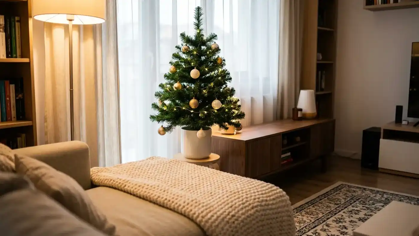 Brăduț artificial de 120 cm, decorat cu globuri aurii și albe, într-un living mic de apartament